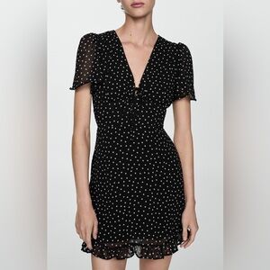 Mango Mini Dress Black with White Polka Dots and Tie Front